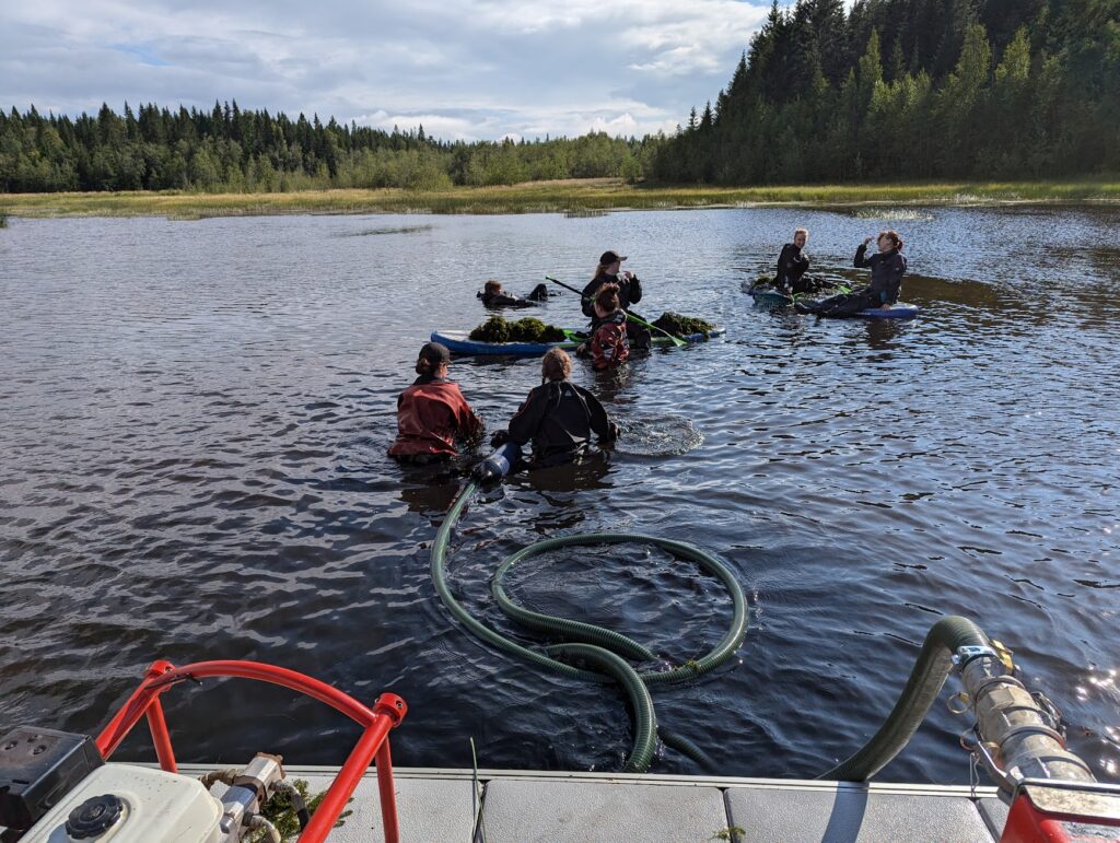 People bringing a long hose into the shallow water